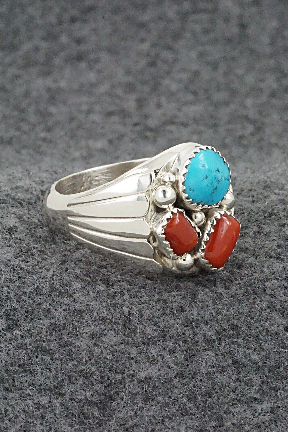 Turquoise, Coral & Sterling Silver Ring - Anna Spencer - 13.5