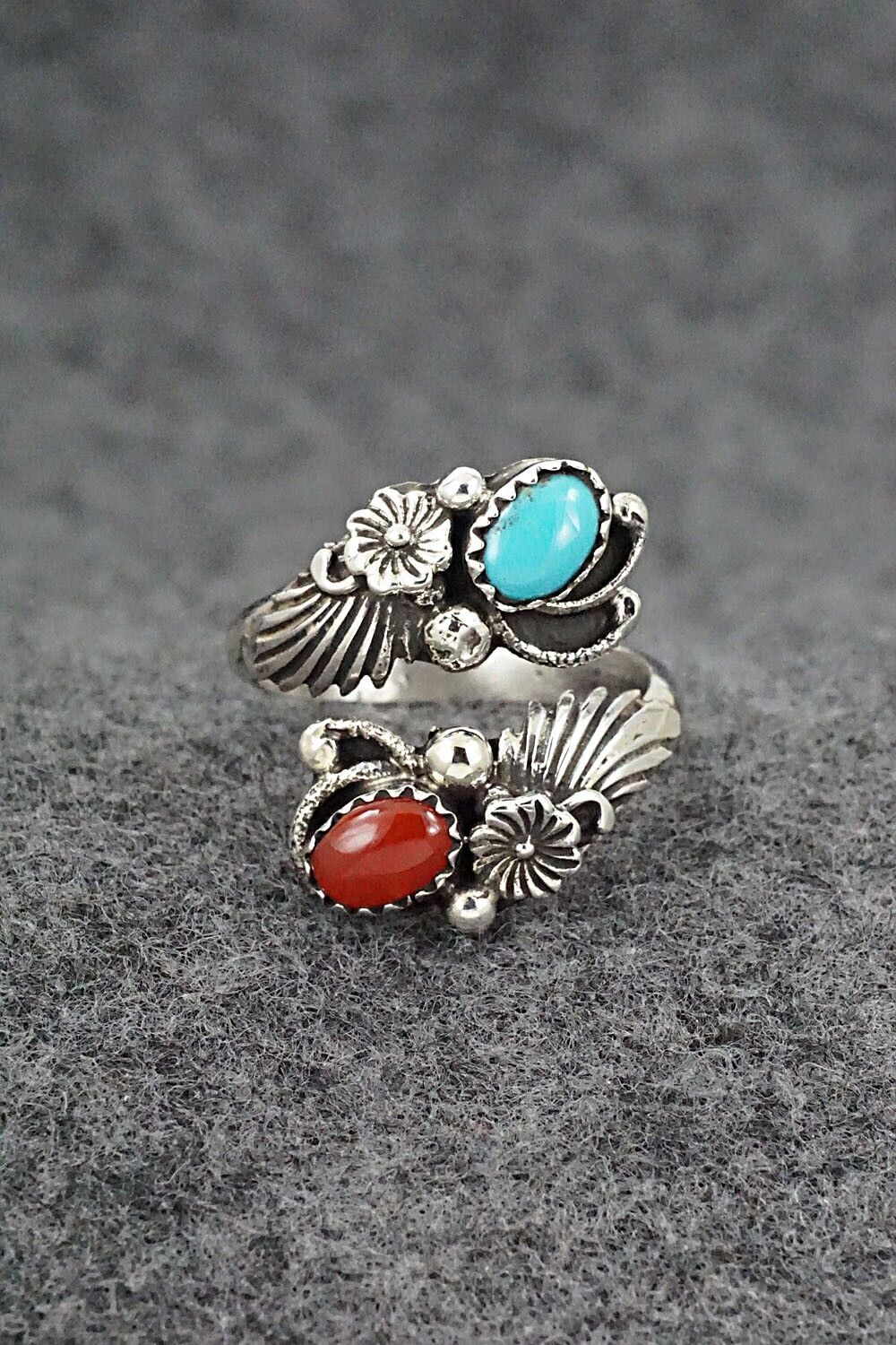 Turquoise, Coral & Sterling Silver Ring - Etta Belin - Size 8