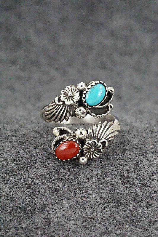 Turquoise, Coral & Sterling Silver Ring - Etta Belin - Size 8