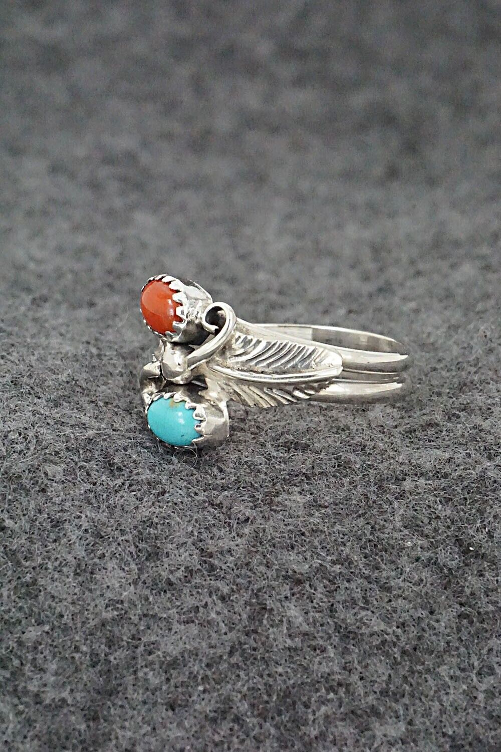 Turquoise, Coral & Sterling Silver Ring - Harry B. Yazzie - Size 8