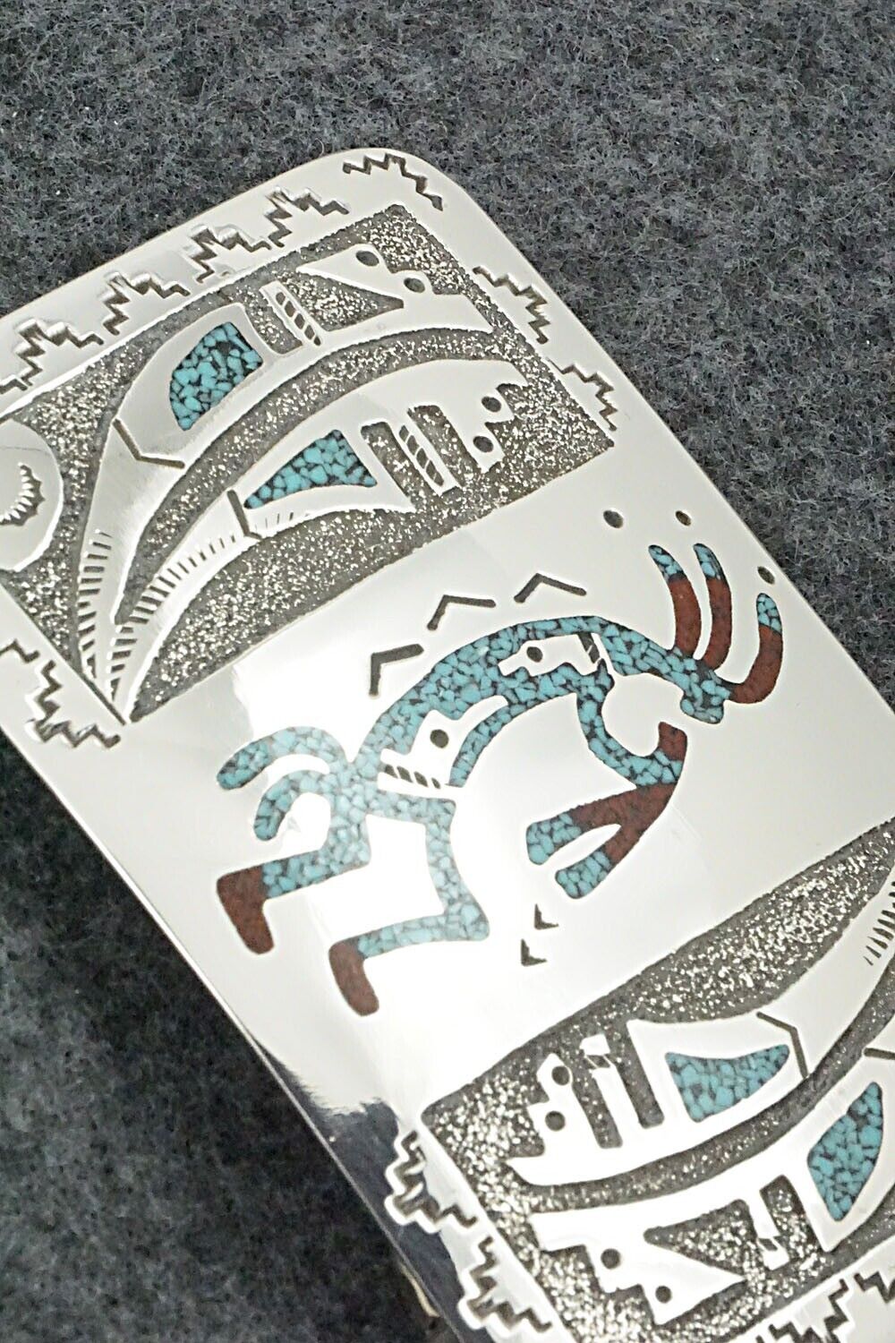 Turquoise, Coral Chip Inlay & Sterling Silver Belt Buckle - Raymond Begay