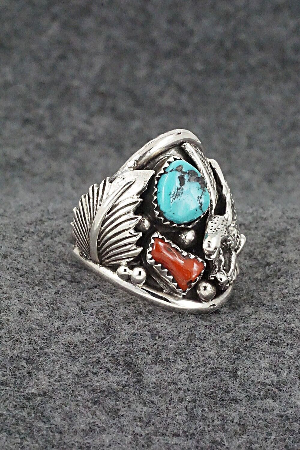 Turquoise, Coral & Sterling Silver Ring - Jeannette Saunders - Size 11