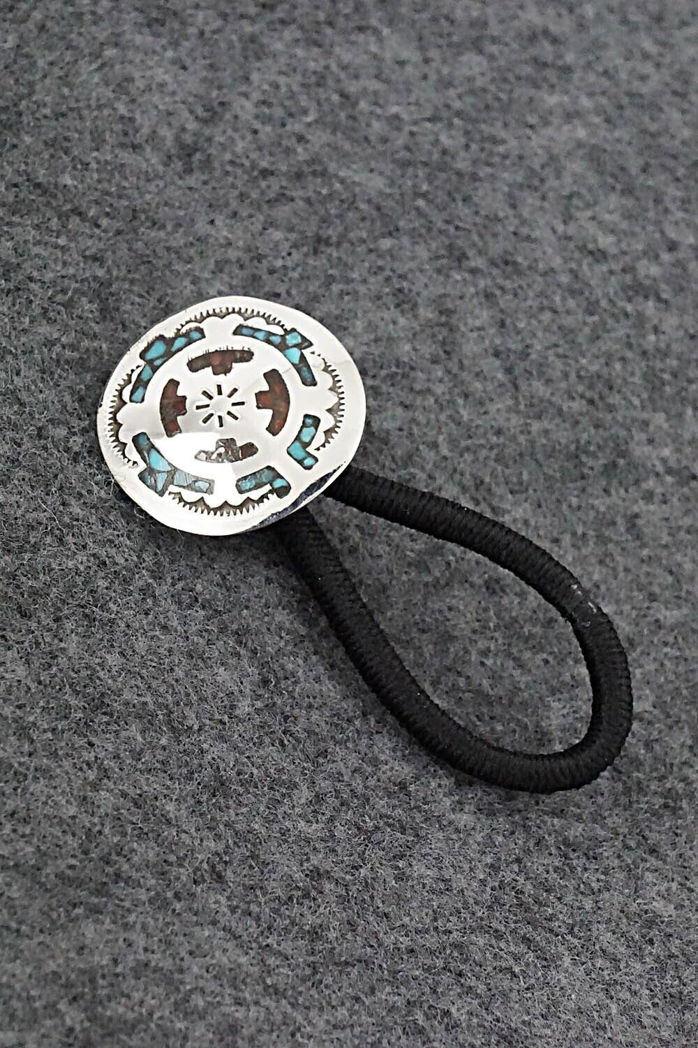 Turquoise, Coral Chip Inlay & Sterling Silver Hair Tie - Joleen Yazzie