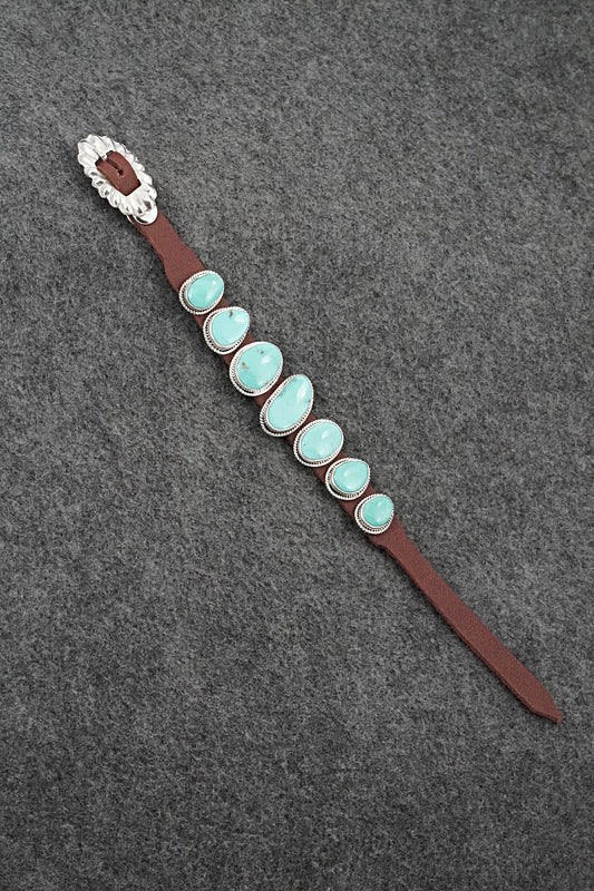Turquoise, Sterling Silver & Leather Bracelet - Bonnie Willie