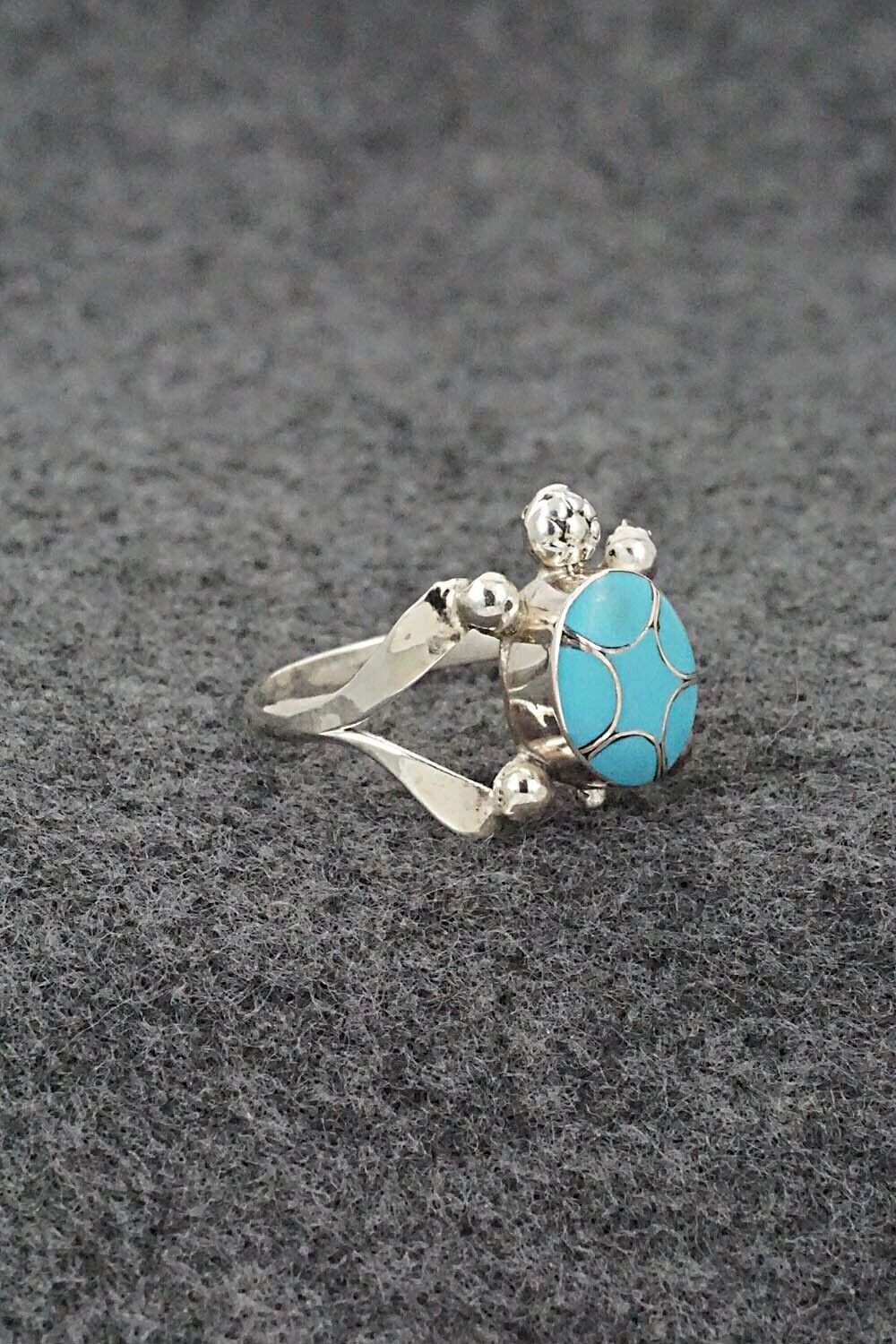 Turquoise & Sterling Silver Inlay Ring - Amelida Peynetsa - Size 8.5