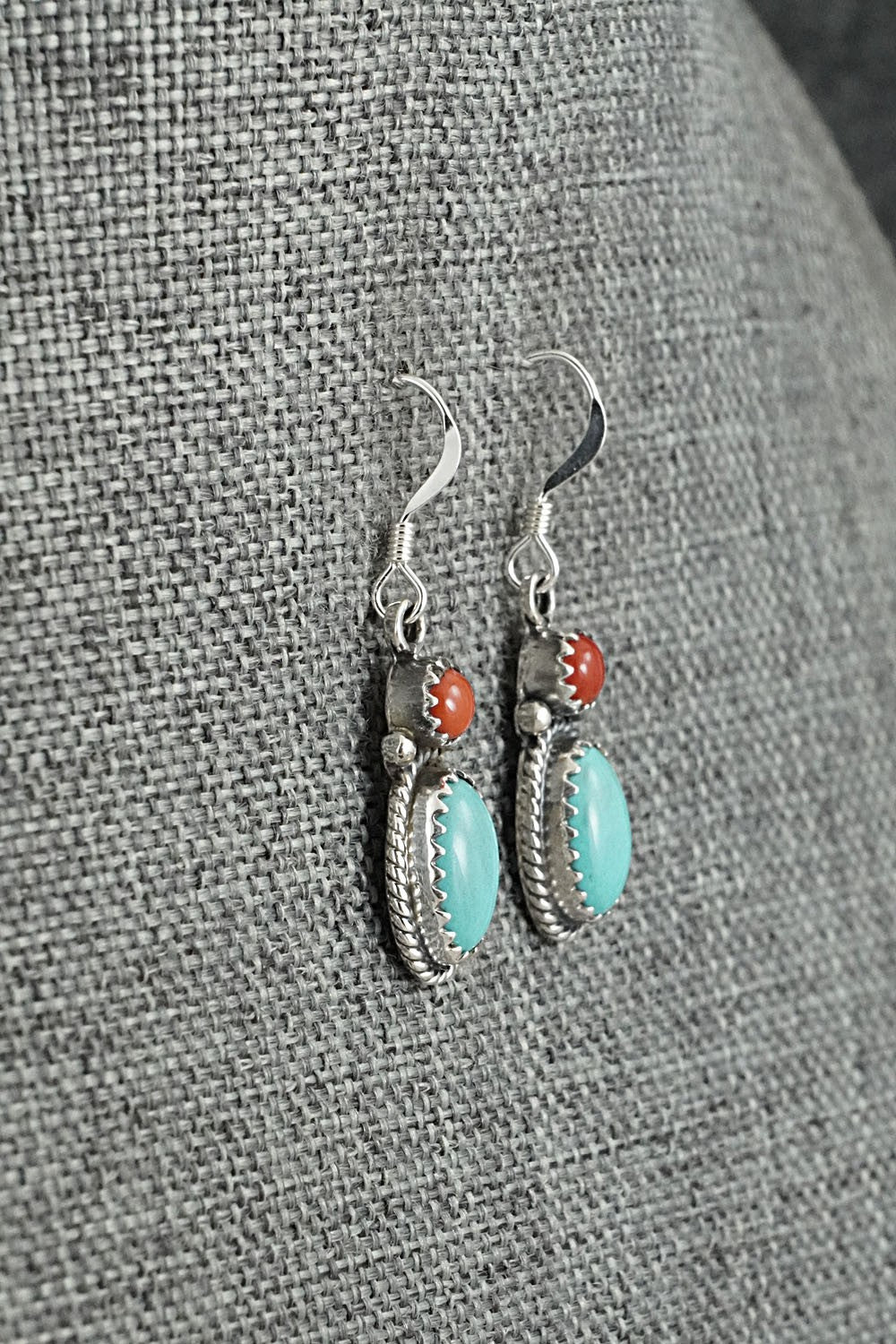 Turquoise, Coral & Sterling Silver Earrings - Verley Betone