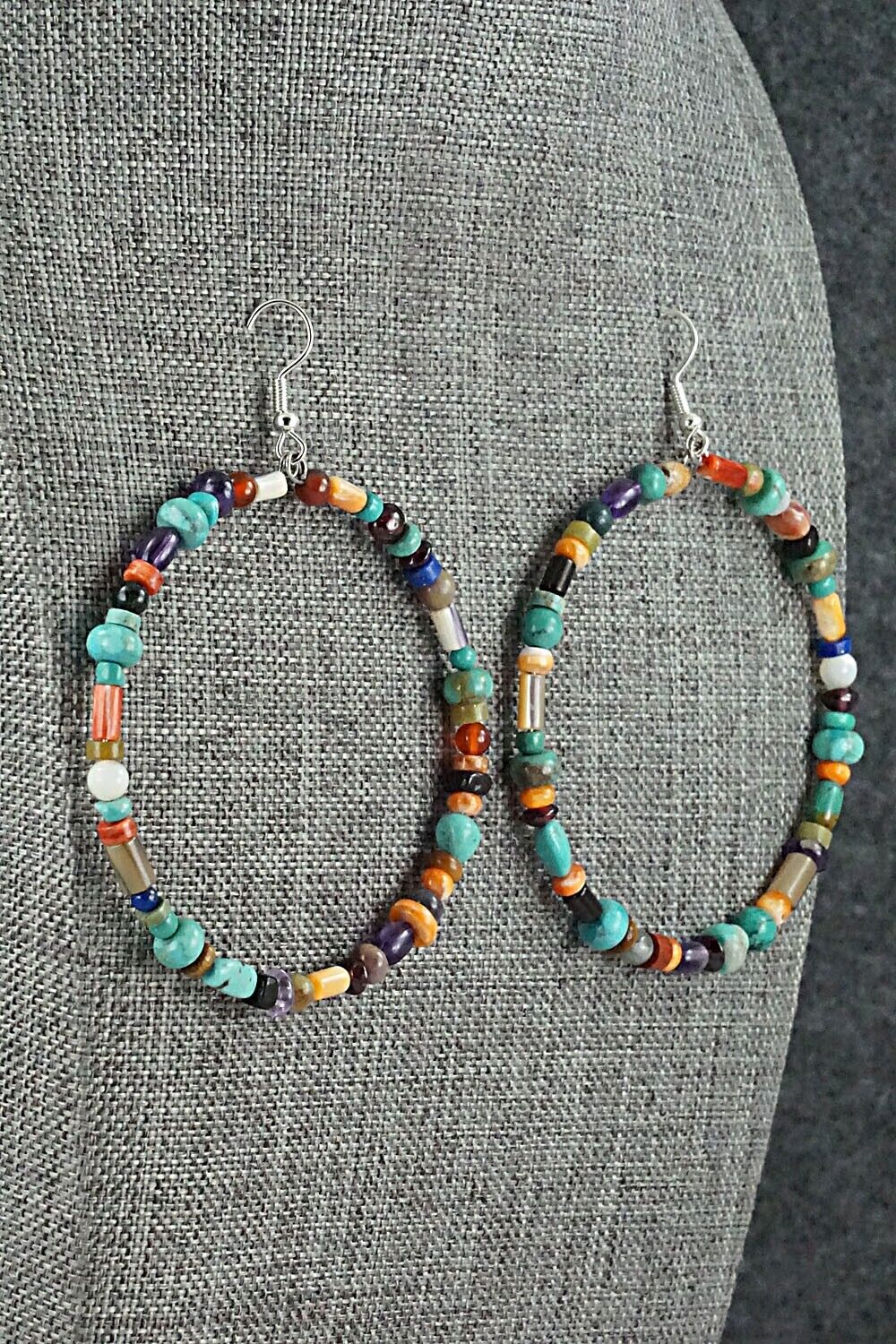 Multi Stone & Sterling Silver Hoop Earrings - Helen Tsosie