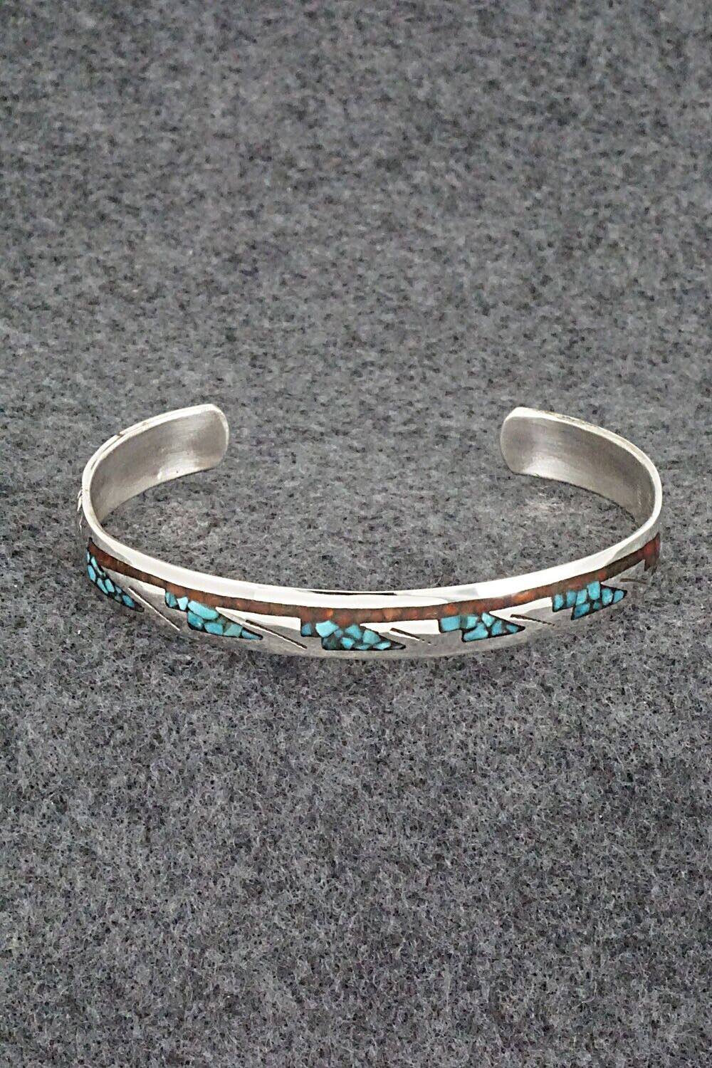 Turquoise, Coral Chip Inlay & Sterling Silver Bracelet - Joleen Yazzie