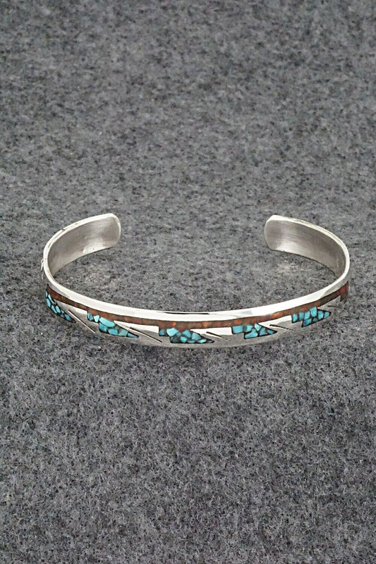 Turquoise, Coral Chip Inlay & Sterling Silver Bracelet - Joleen Yazzie