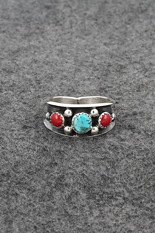 Turquoise, Coral & Sterling Silver Ring - Paul Largo - Size 11