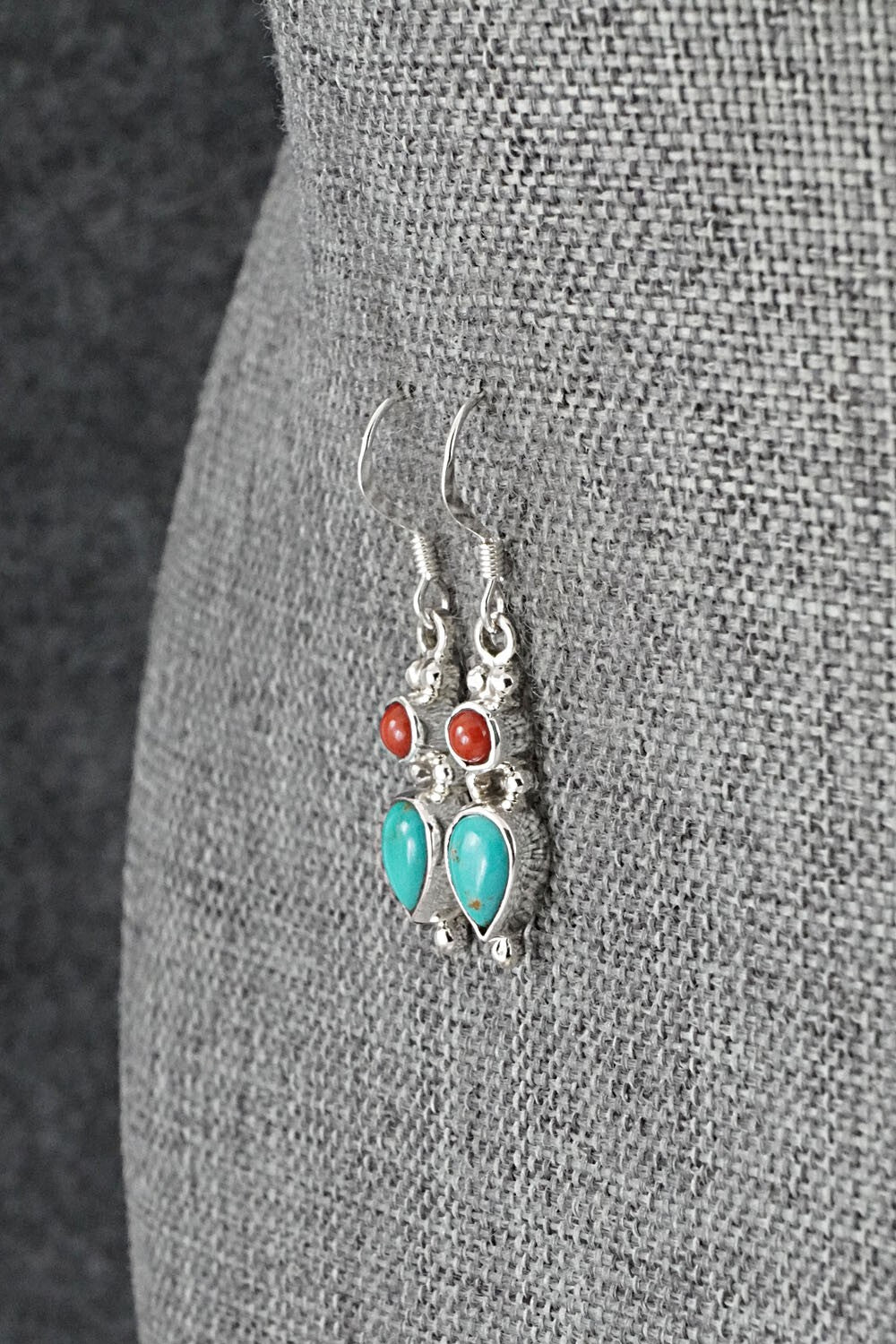Turquoise, Coral & Sterling Silver Earrings - Gary Shorty