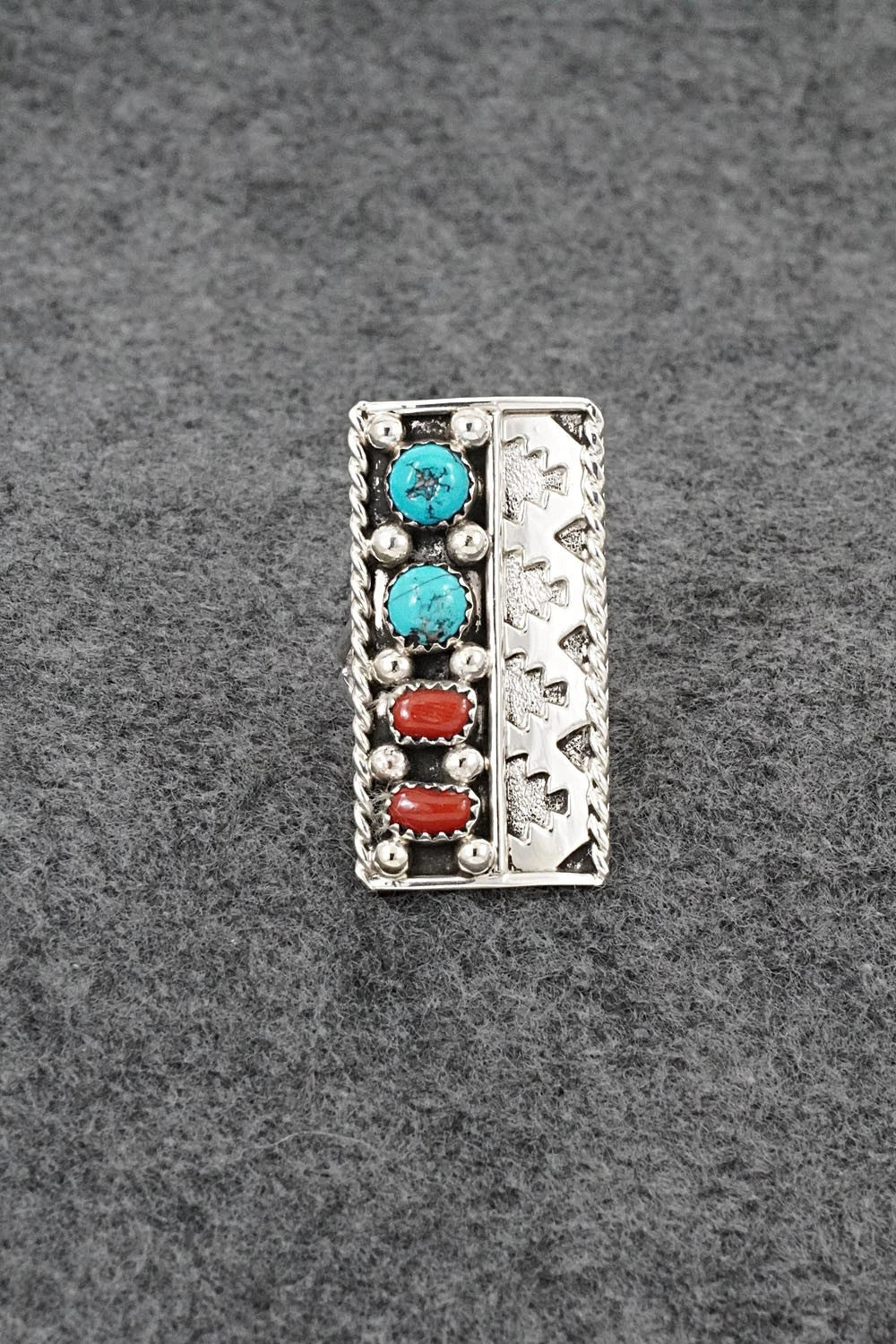 Turquoise, Coral & Sterling Silver Ring - Ronnie Spencer - Size 7.5