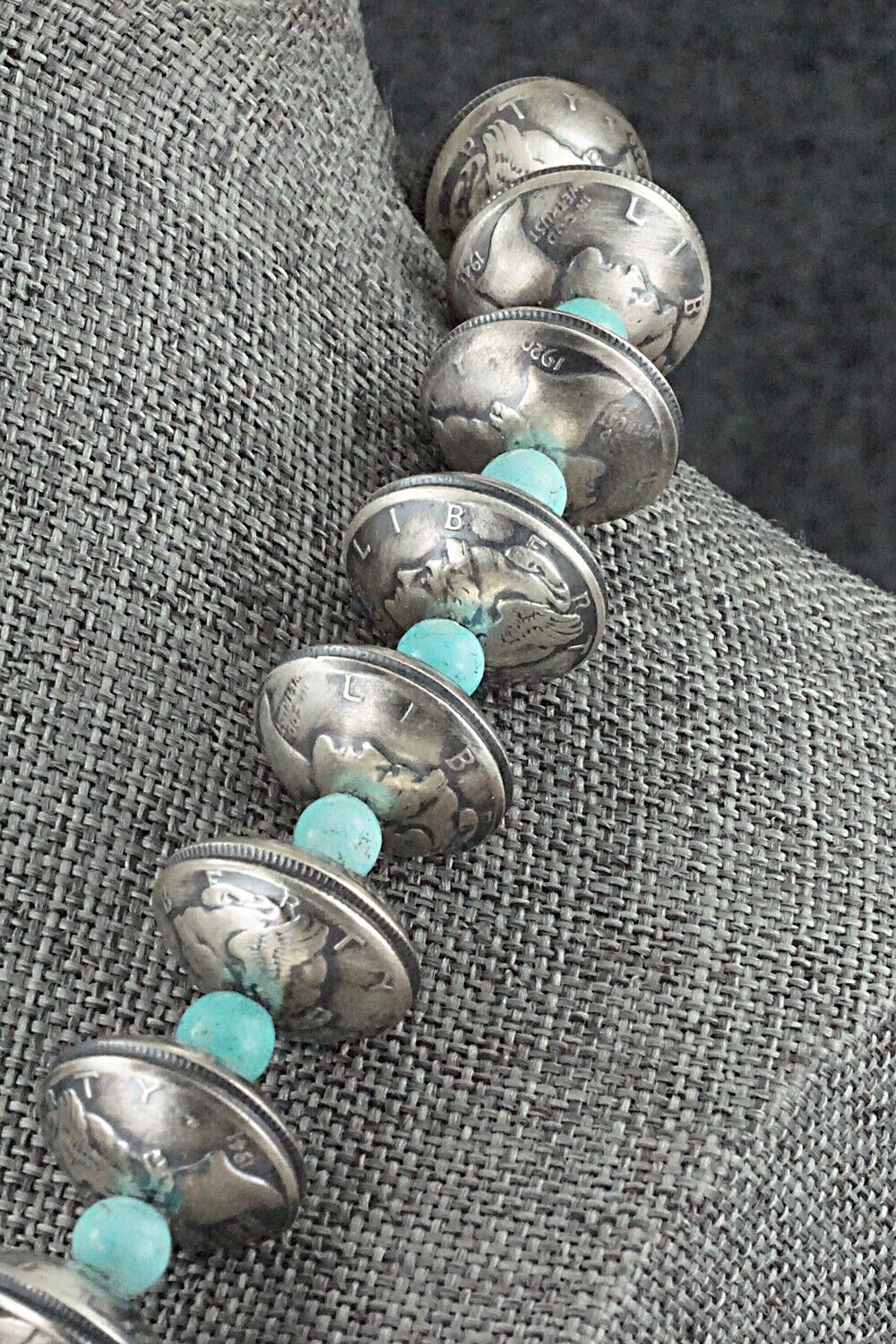 Turquoise & Handmade Mercury Dime Bead Sterling Silver Necklace - Julius Burbank