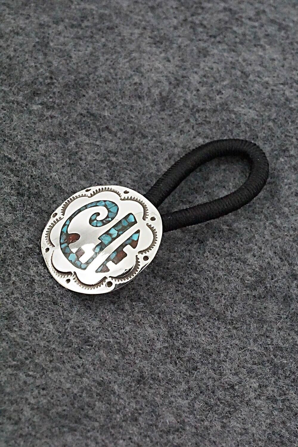 Turquoise, Coral Chip Inlay & Sterling Silver Hair Tie - Joleen Yazzie