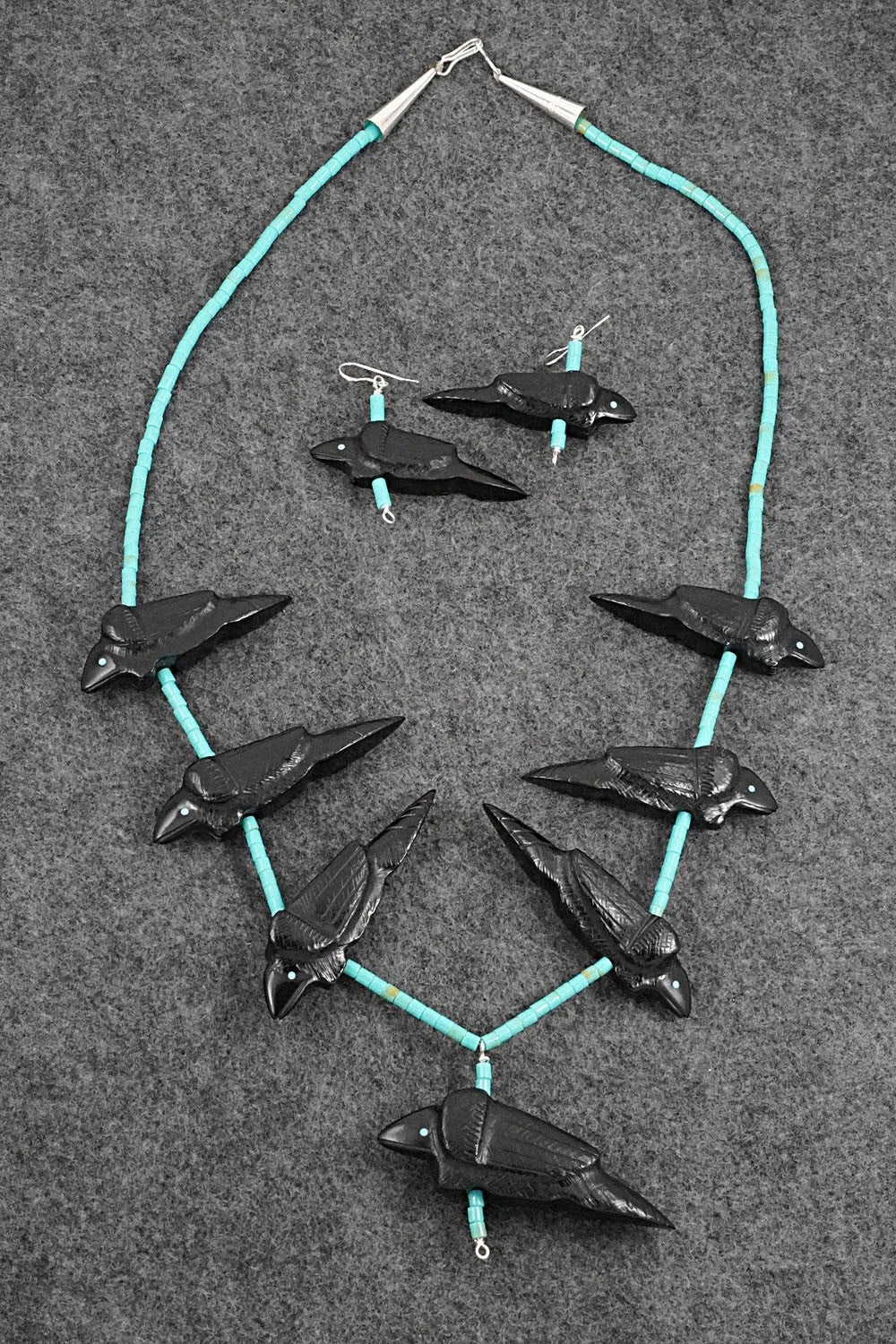 Turquoise, Jet Zuni Fetish & Sterling Silver Necklace Set - Herbert Halate