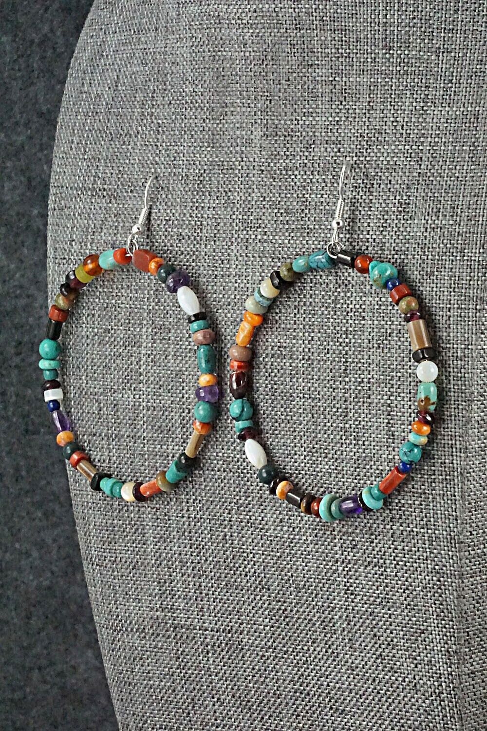 Multi Stone & Sterling Silver Hoop Earrings - Helen Tsosie