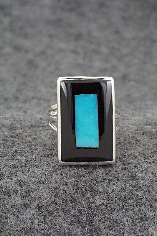 Turquoise, Onyx & Sterling Silver Ring - Harlan Coonsis - Size 6.75