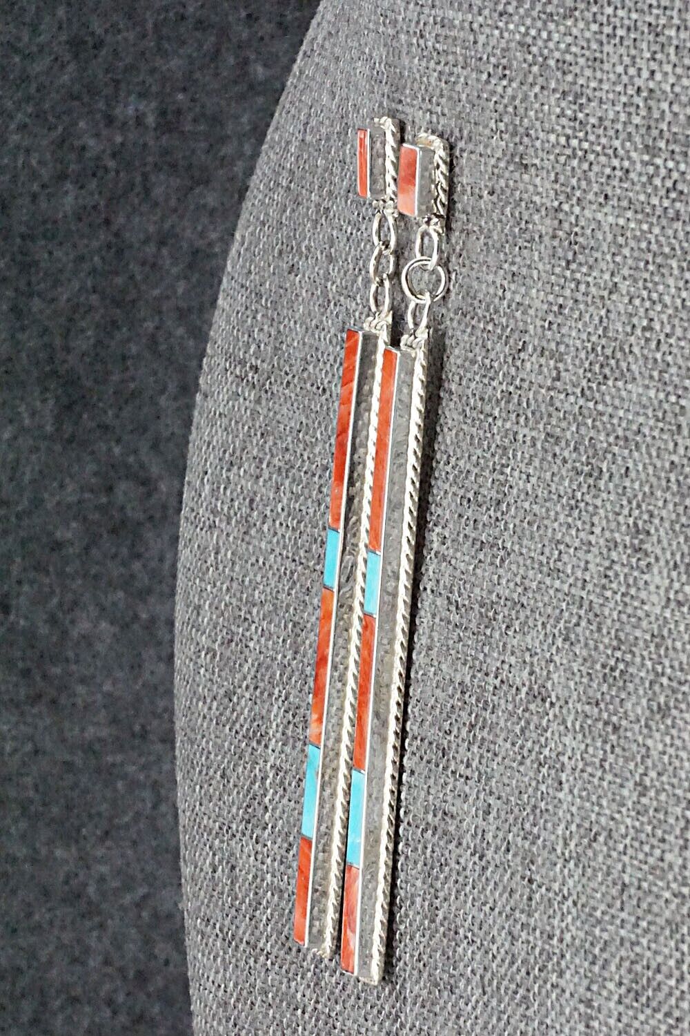 Turquoise, Spiny Oyster & Sterling Silver Inlay Earrings - Ricky Booqua