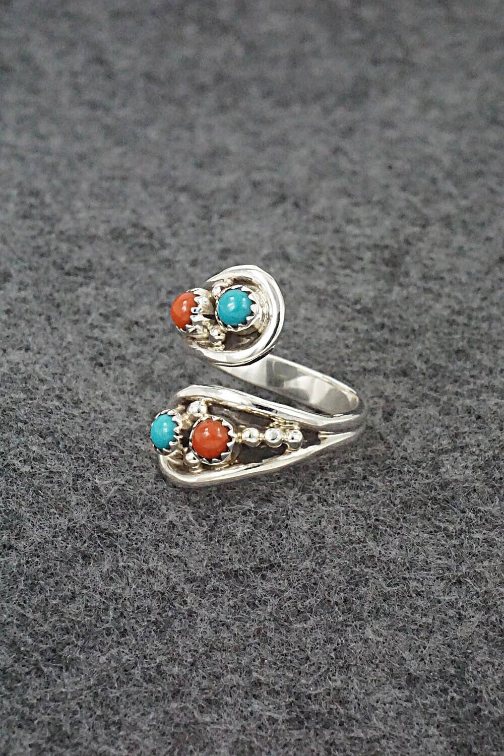 Turquoise, Coral & Sterling Silver Ring - Genevieve Francisco - Size 9