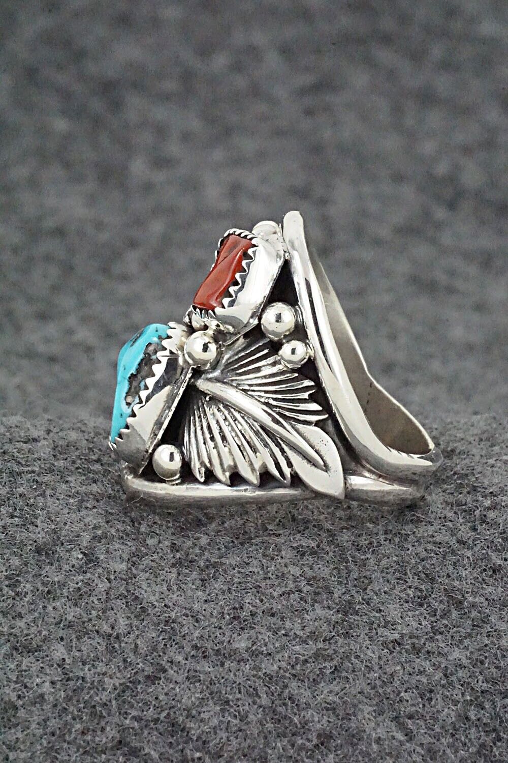 Turquoise, Coral & Sterling Silver Ring - Jeannette Saunders - Size 10