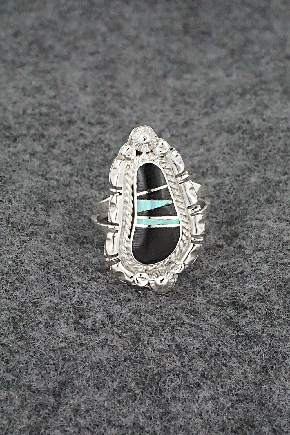Onyx, Opalite & Sterling Silver Inlay Ring - James Manygoats - Size 7.25
