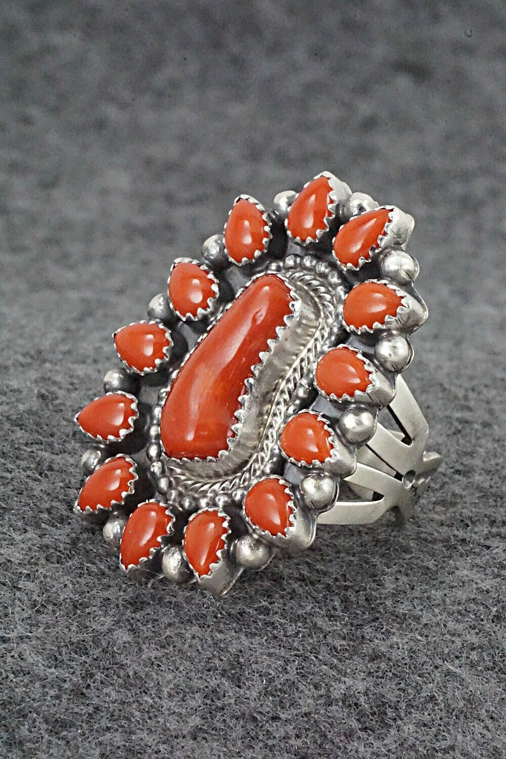 Coral & Sterling Silver Ring - Tom Lewis - Size 8