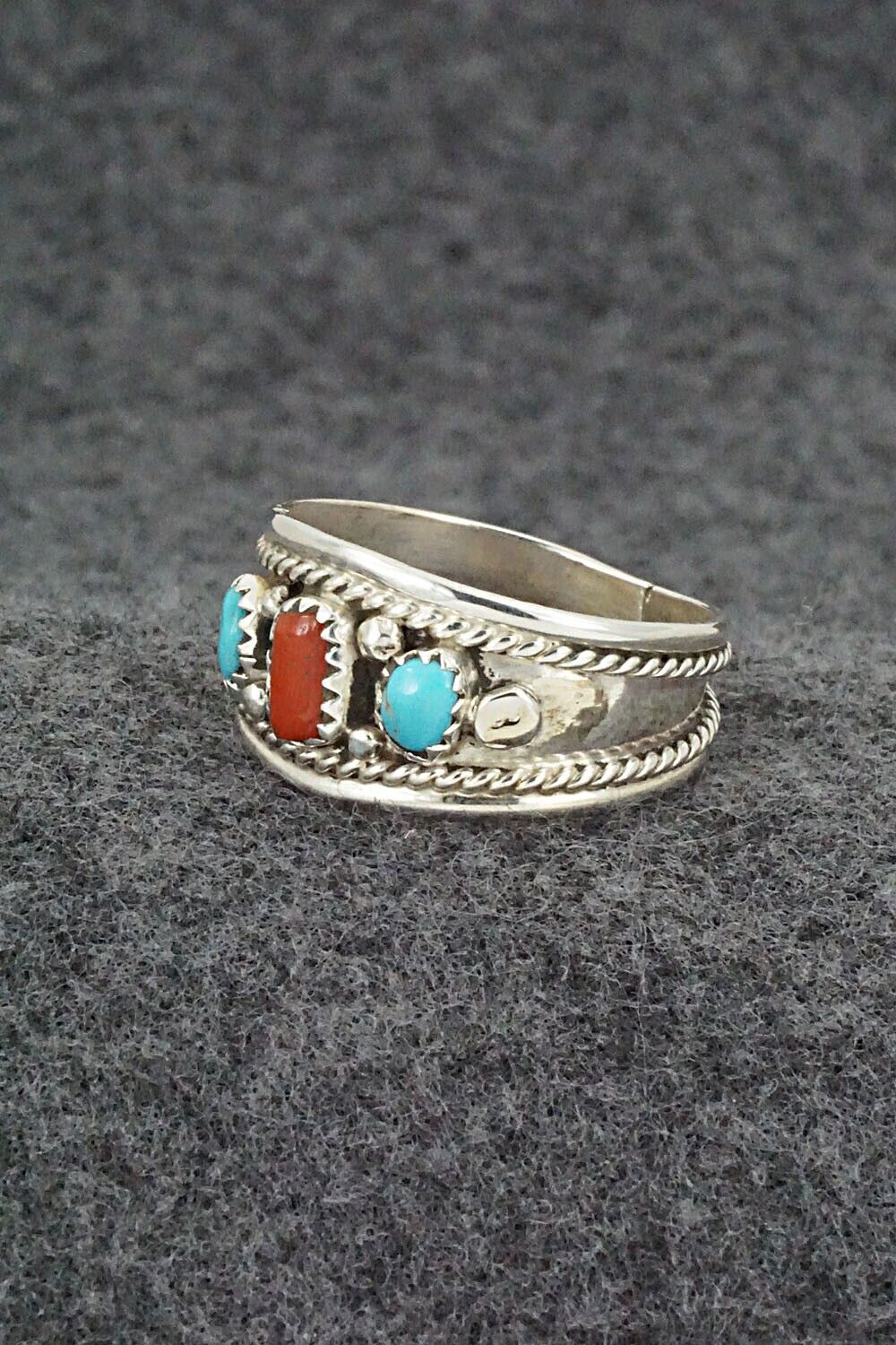 Turquoise, Coral & Sterling Silver Ring - Sondra Whitegoat - Size 11