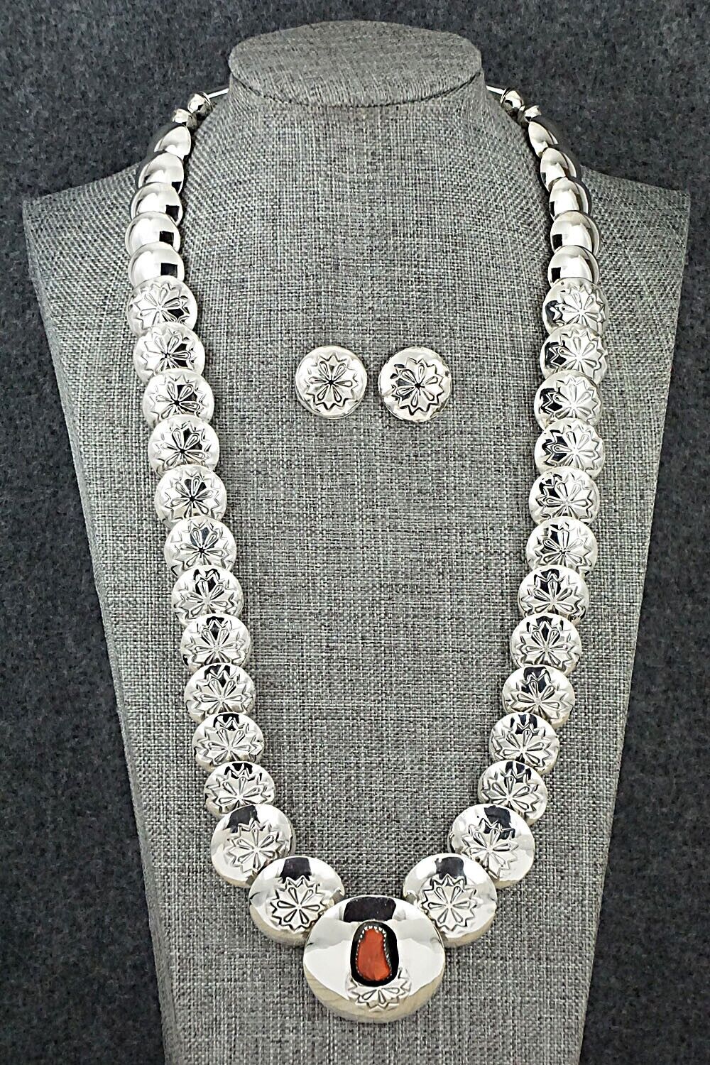 Coral & Sterling Silver Necklace and Earrings Set - Tim Thompson