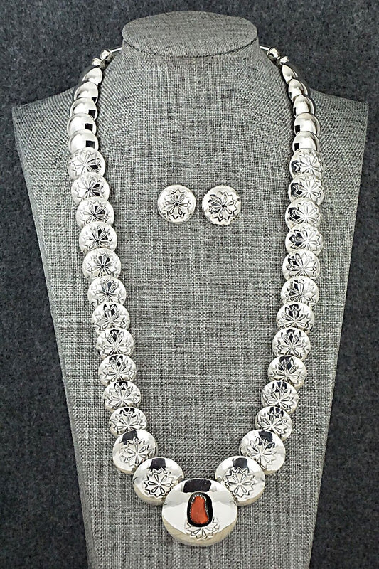 Coral & Sterling Silver Necklace and Earrings Set - Tim Thompson