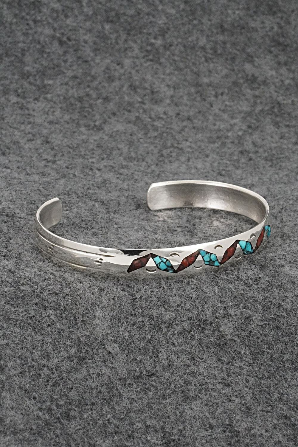Turquoise, Coral Chip Inlay & Sterling Silver Bracelet - Joleen Yazzie