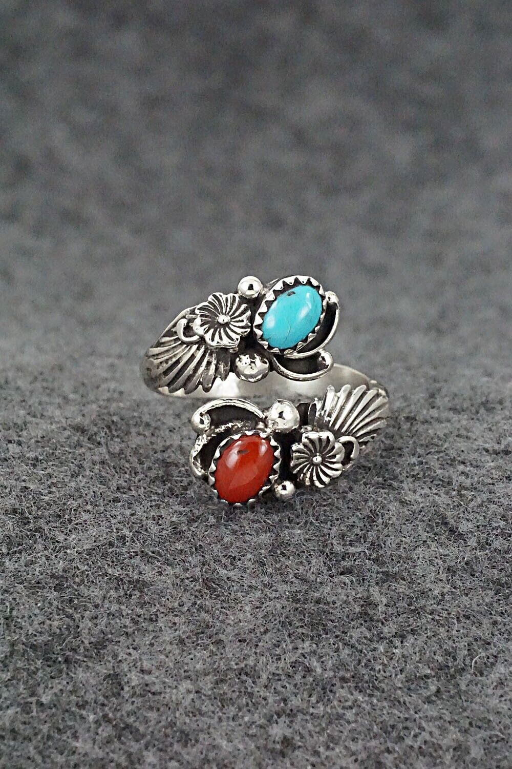 Turquoise, Coral & Sterling Silver Ring - Etta Belin - Size 9.5