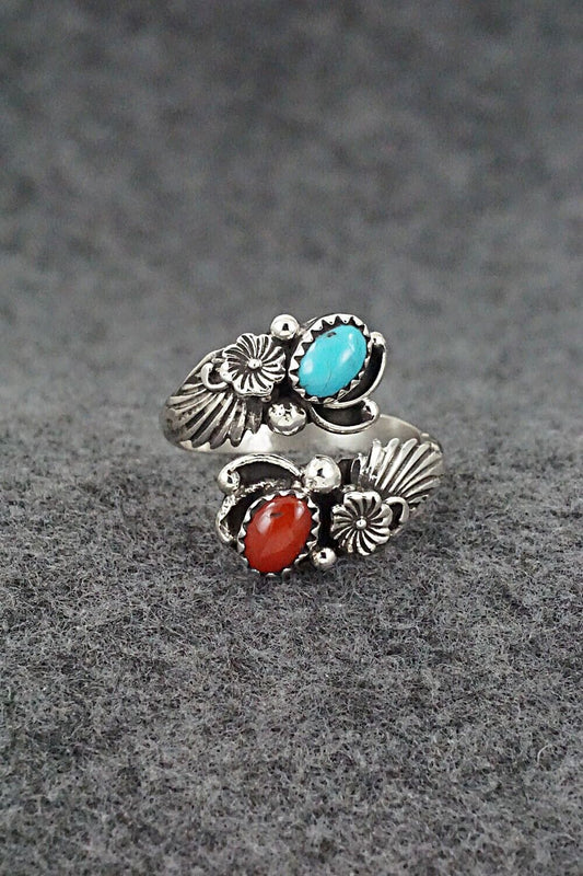 Turquoise, Coral & Sterling Silver Ring - Etta Belin - Size 9.5