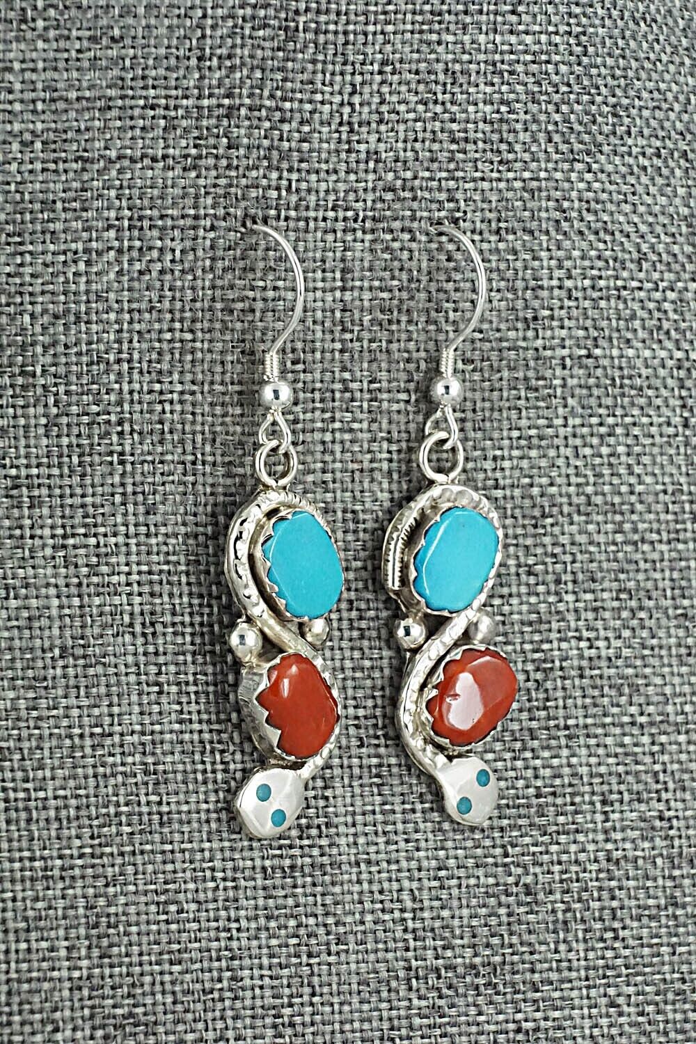 Turquoise, Coral & Sterling Silver Earrings - Joy Calavaza
