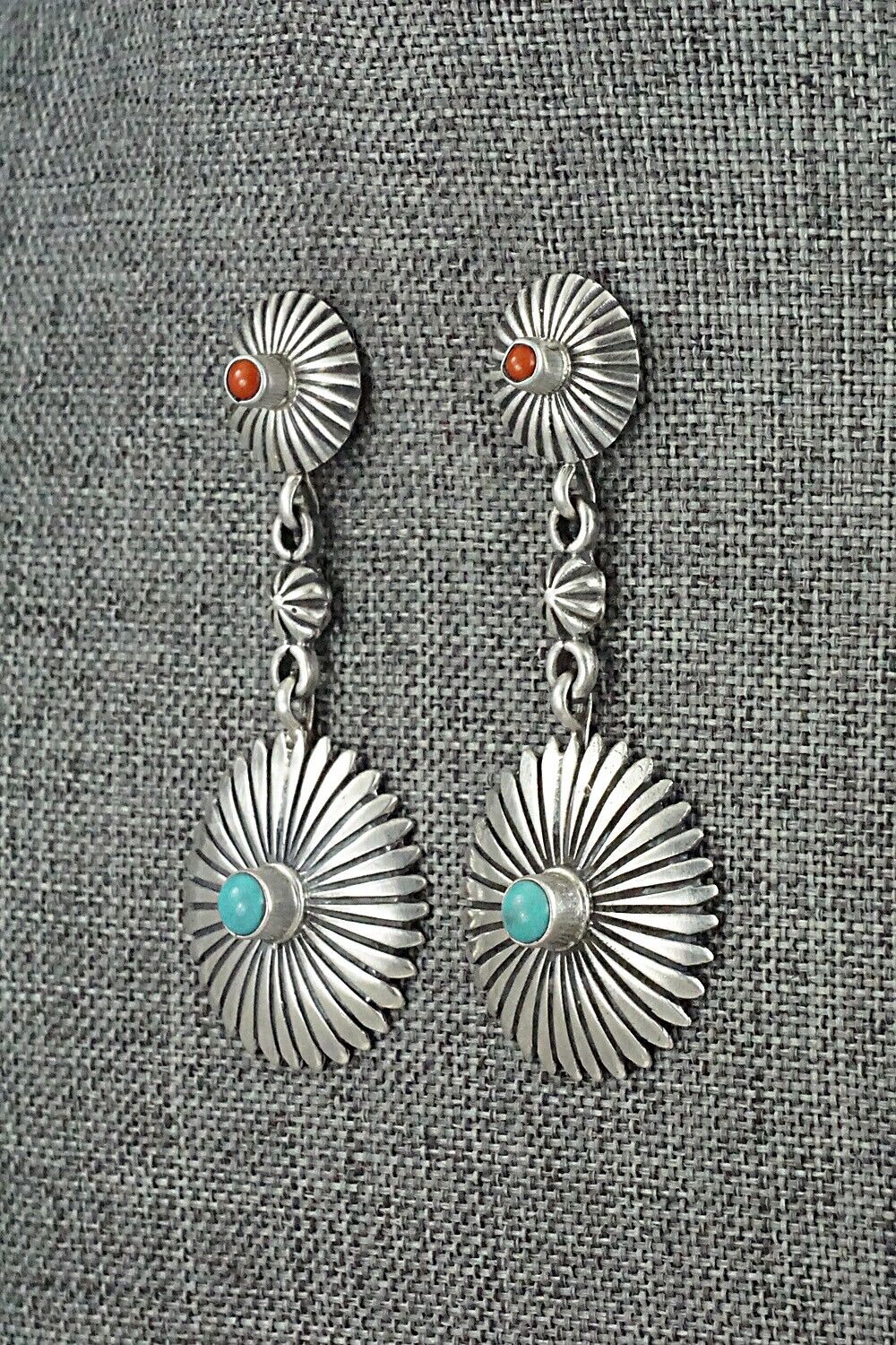 Turquoise, Coral & Sterling Silver Earrings - Verley Betone