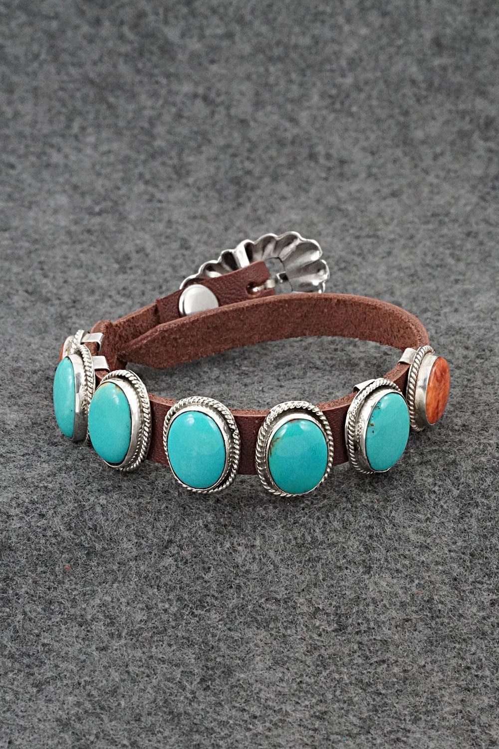 Turquoise, Spiny Oyster, Sterling Silver & Leather Bracelet - Bonnie Willie