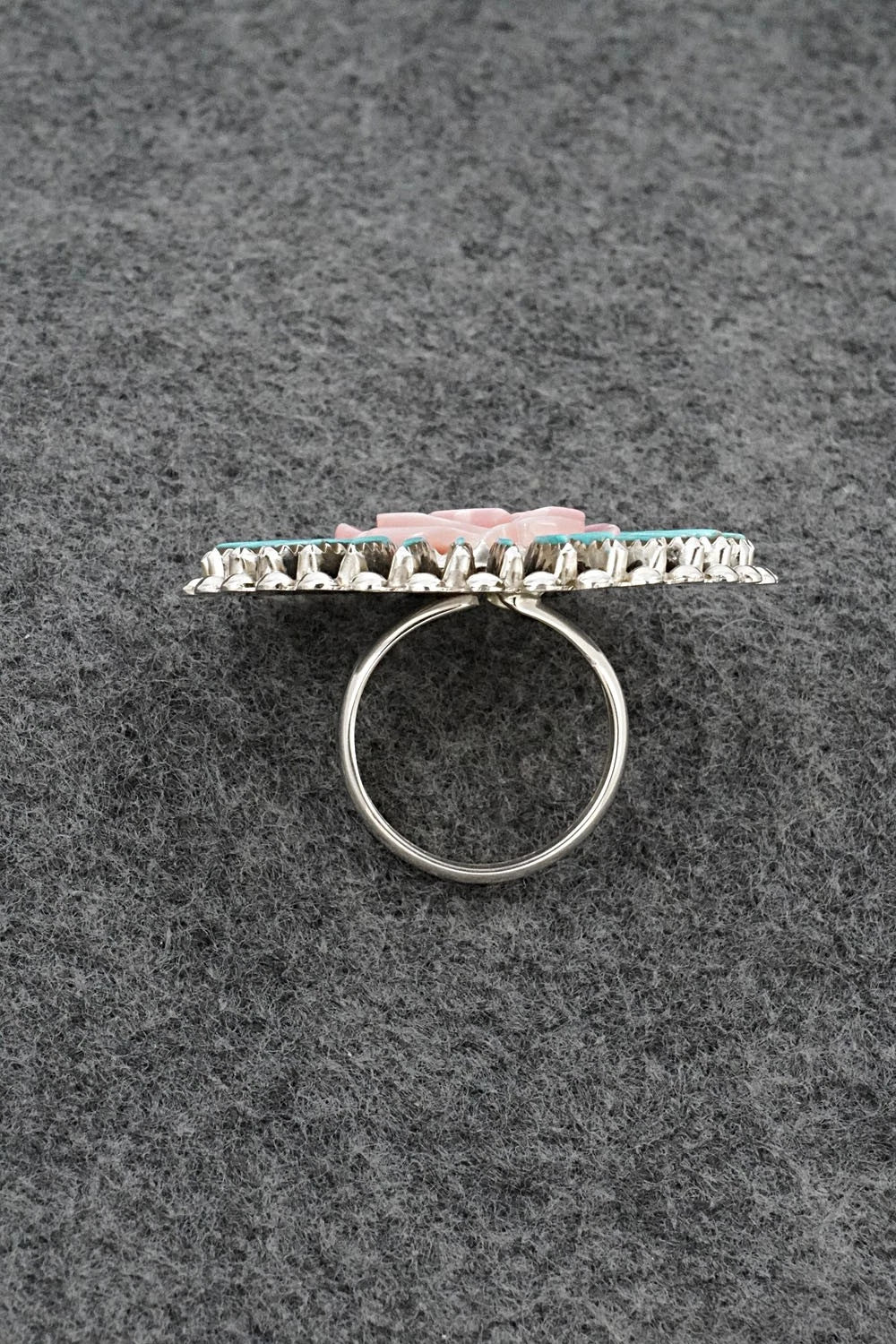 Turquoise, Pink Conch & Sterling Silver Ring - Roland Francisco - Size Adj.