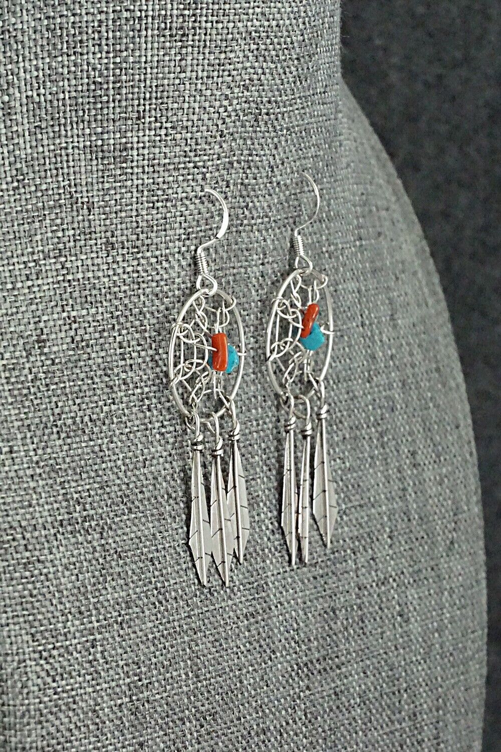 Turquoise, Coral & Sterling Silver Earrings - Lorenzo Arviso Jr.