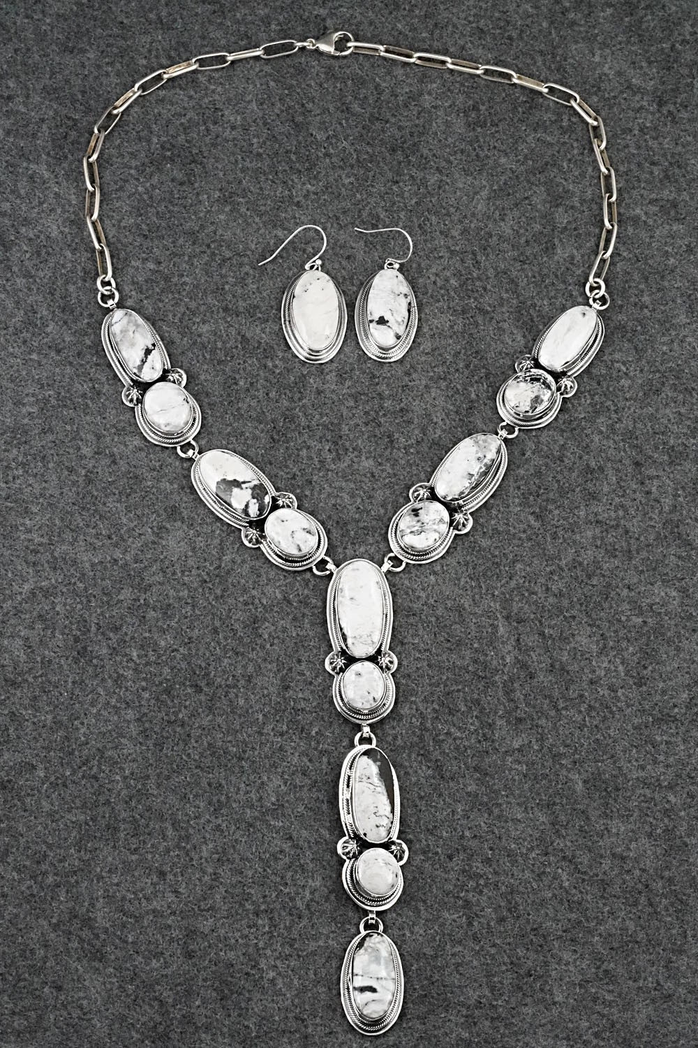 White Buffalo & Sterling Silver Necklace and Earrings Set - Mark Yazzie