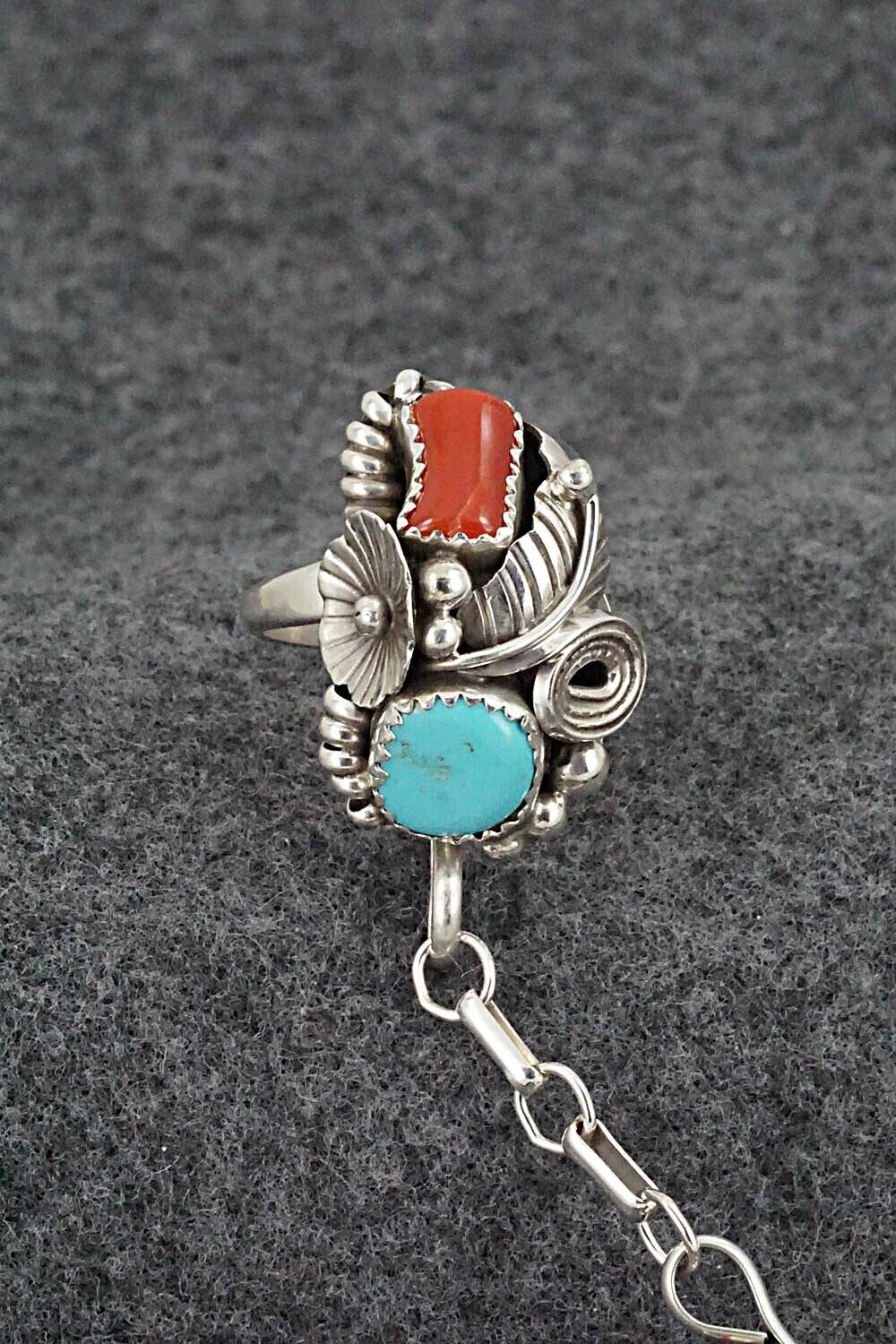 Coral and Turquoise Bracelet & Ring - Max Calladitto - Size 7.5 (Adj.)