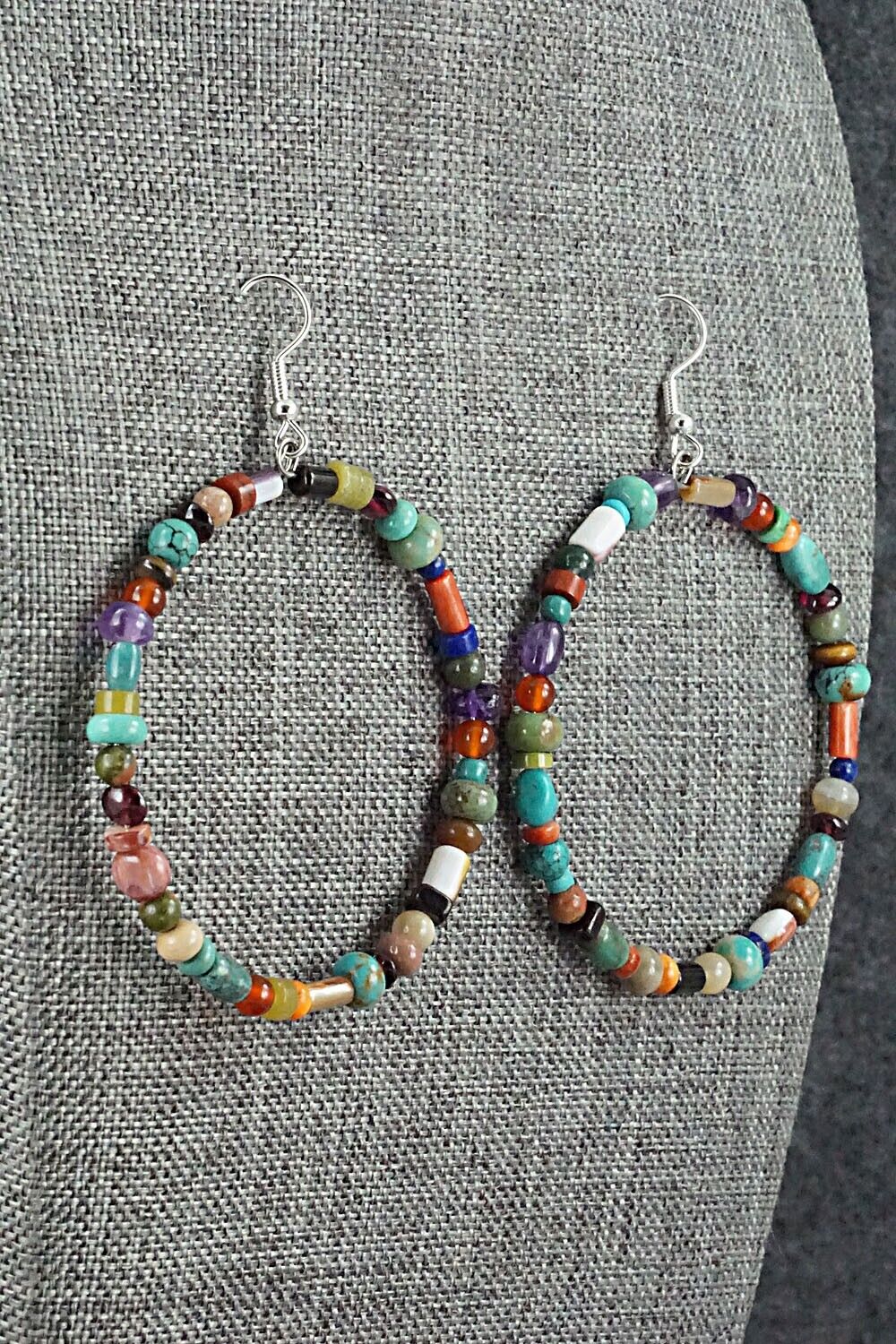 Multi Stone & Sterling Silver Hoop Earrings - Helen Tsosie