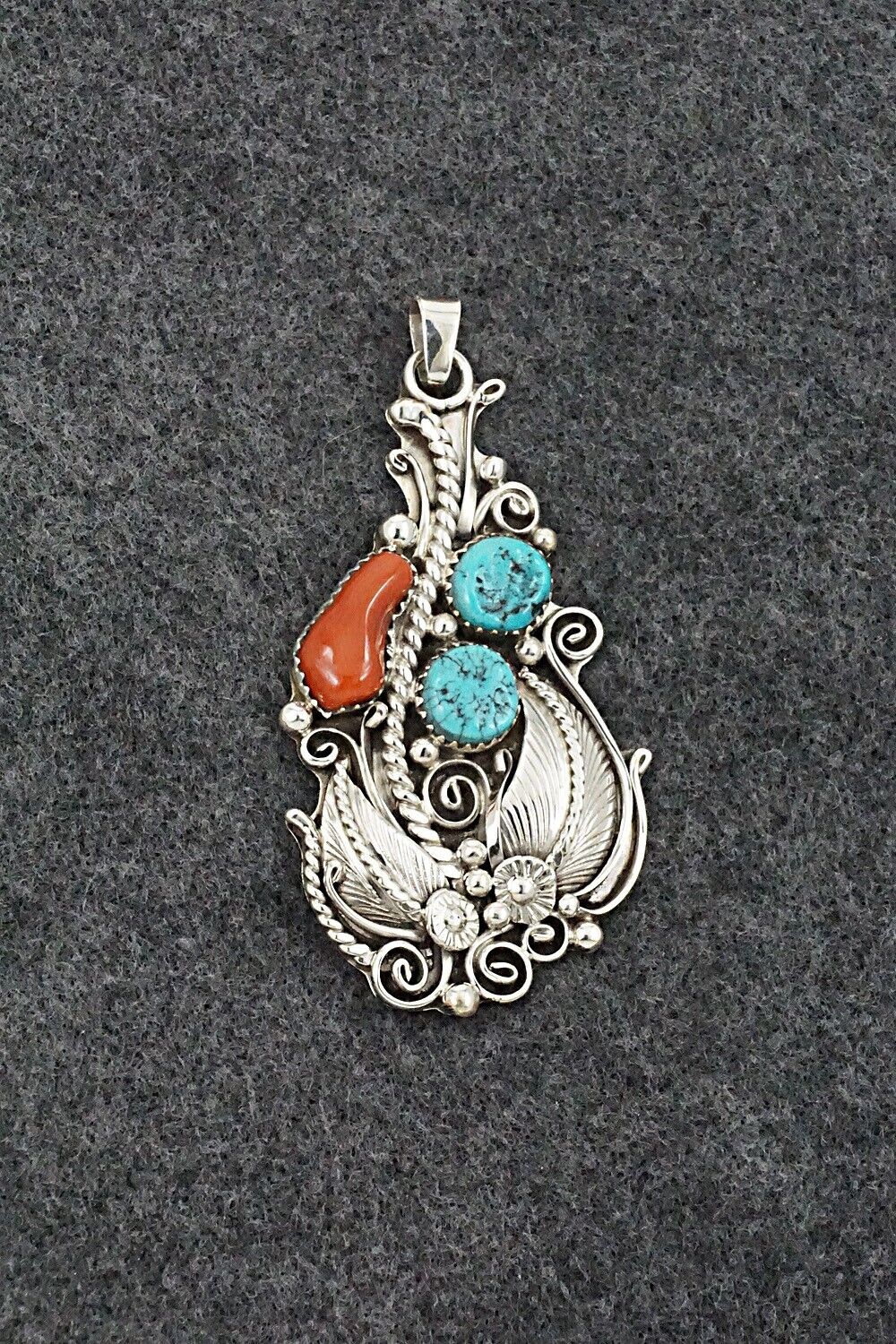 Turquoise, Coral & Sterling Silver Pendant - Martin Muskett