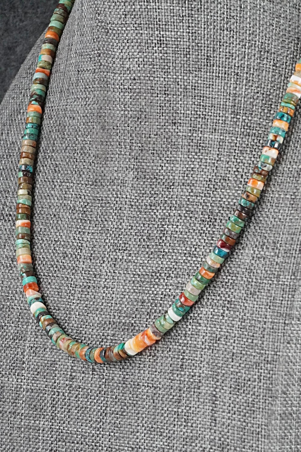 Turquoise, Spiny Oyster & Sterling Silver Necklace 17" - Doreen Jake