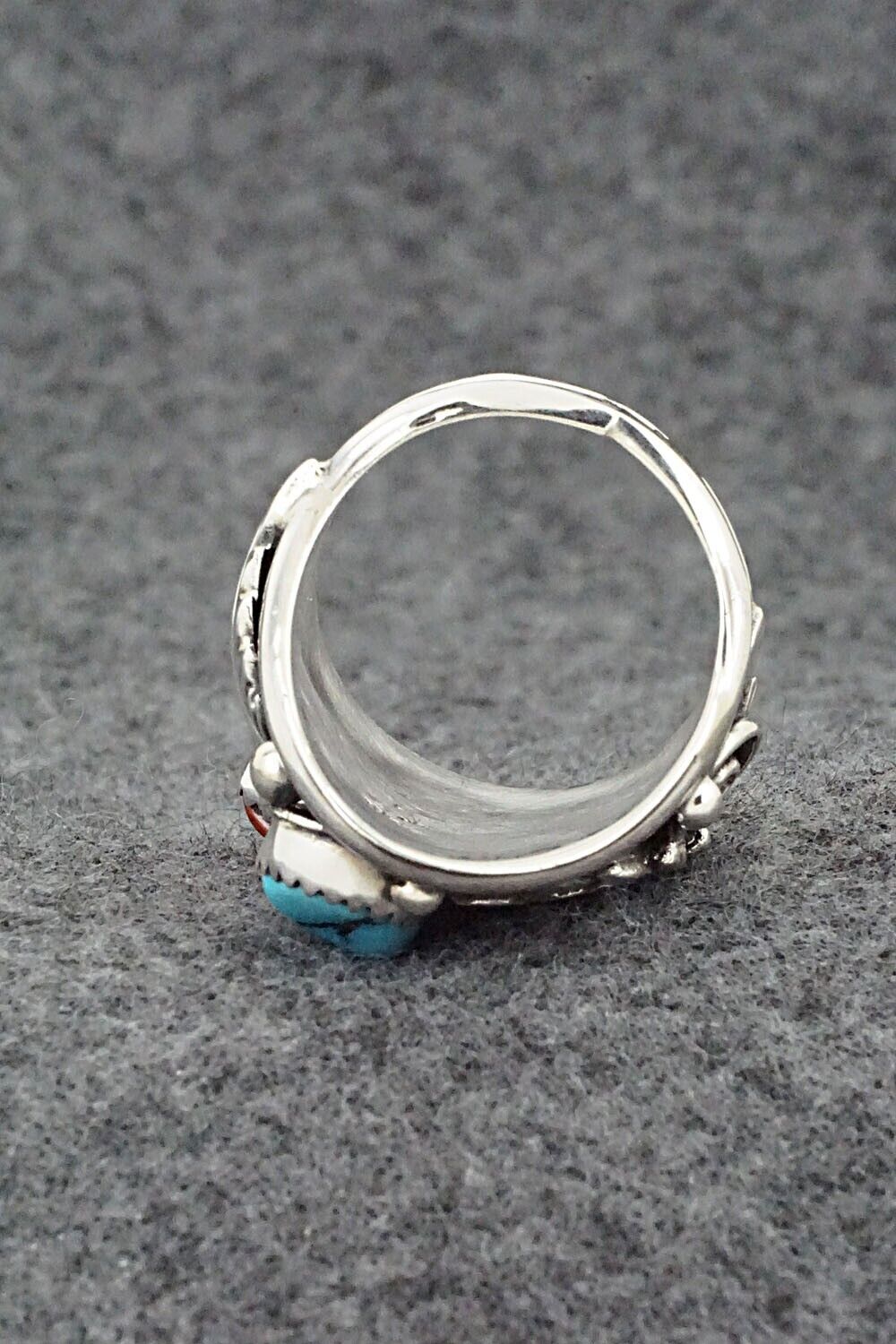 Turquoise, Coral & Sterling Silver Ring - Jeannette Saunders - Size 10