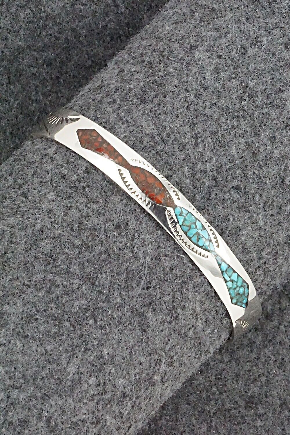 Turquoise, Coral Chip Inlay & Sterling Silver Bracelet - Joleen Yazzie