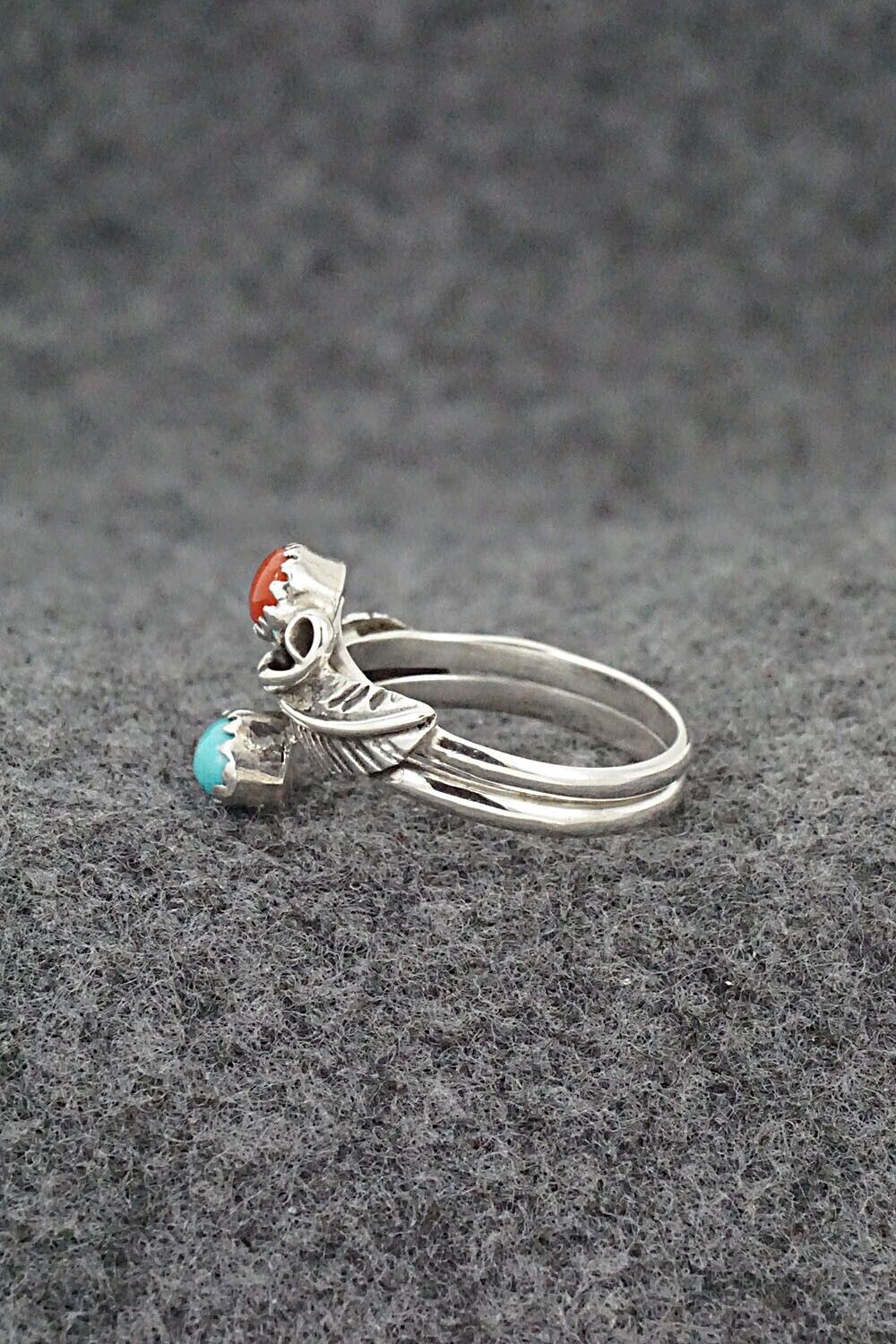 Turquoise, Coral & Sterling Silver Ring - Harry B. Yazzie - Size 7