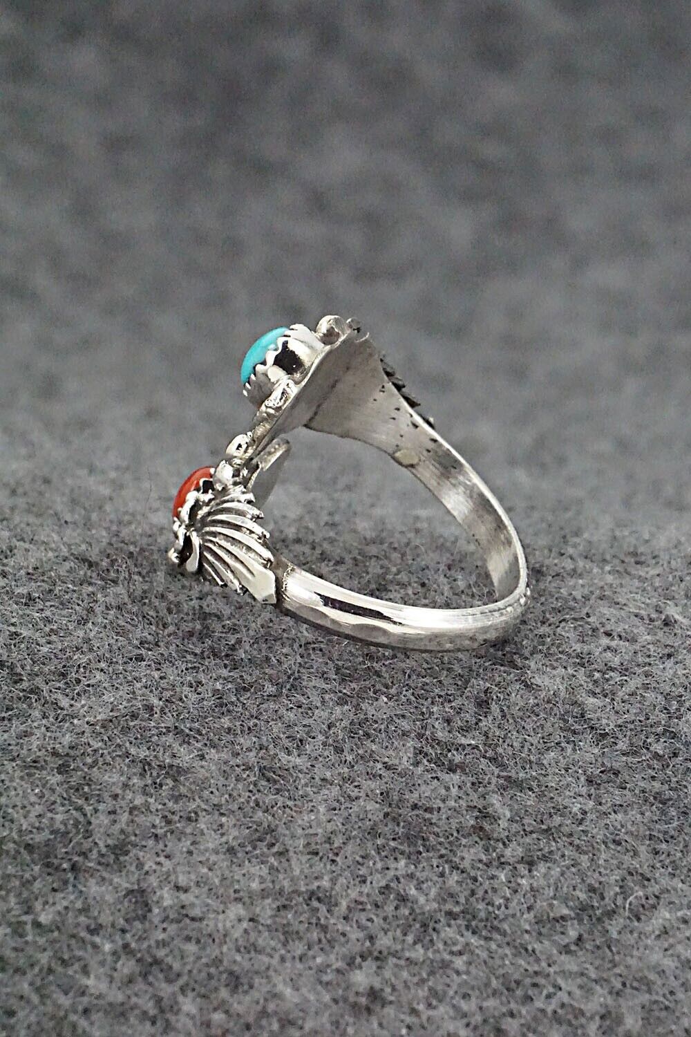 Turquoise, Coral & Sterling Silver Ring - Etta Belin - Size 8.5