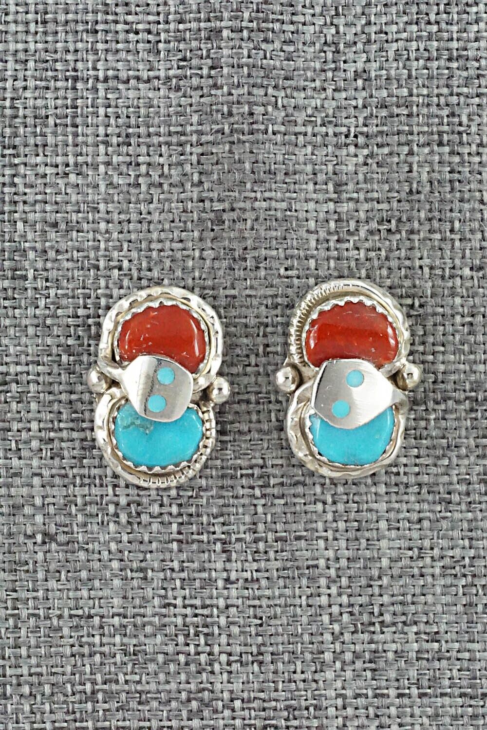 Turquoise, Coral & Sterling Silver Earrings - Joy Calavaza