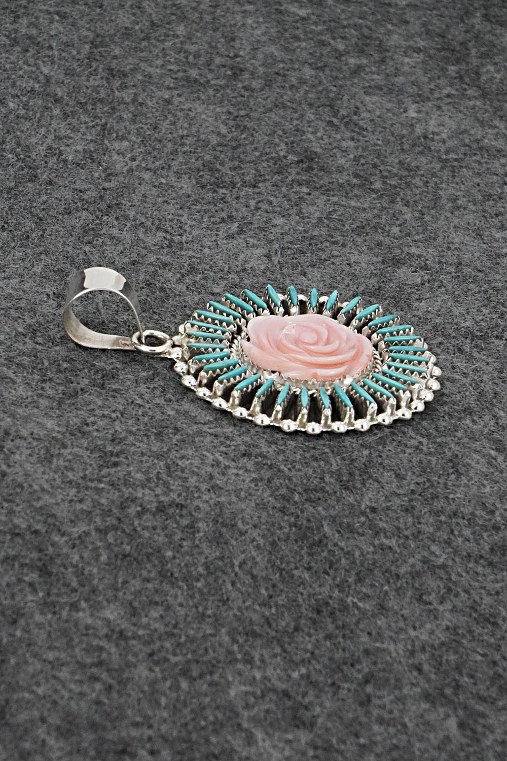 Turquoise, Pink Conch & Sterling Silver Pendant - Roland Francisco
