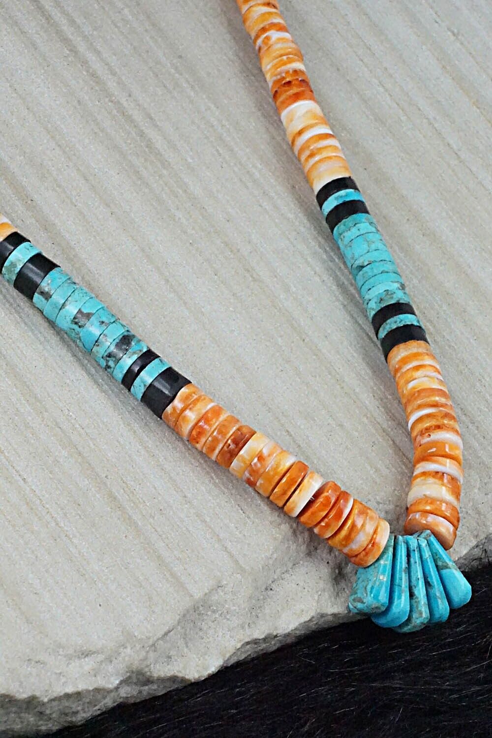 Turquoise, Spiny Oyster, Onyx & Sterling Silver Necklace - Lupe Lovato