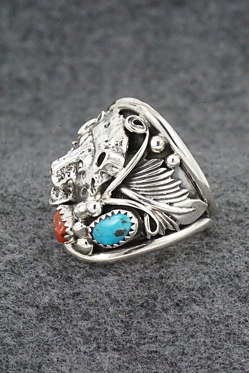 Turquoise, Coral & Sterling Silver Ring - Jeannette Saunders - Size 11.25